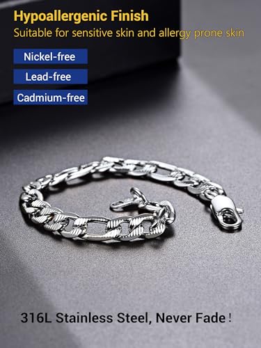 PROSTEEL Bracelets for Men, Figaro/Cuban Mens Bracelet, Silver/Gold/Black | 6/9/13mm Width, 7.5/8.3/9" Length, Stainless Steel Mens Bracelet, Durable & Non Tarnish, Chunky Jewelry with Gift Box - style: D 7.5mm-Figaro-Silver-Textured