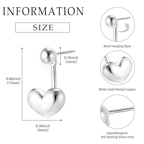 Simple Cute Small Heart Drop Dangle Earrings for Women | 925 Sterling Silver Post, 14K Gold or Silver Plated, Mini Ball Stud Ear Jacket Earrings, Hypoallergenic Heart Earrings - color: Silver