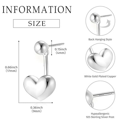 Simple Cute Small Heart Drop Dangle Earrings for Women | 925 Sterling Silver Post, 14K Gold or Silver Plated, Mini Ball Stud Ear Jacket Earrings, Hypoallergenic Heart Earrings - color: Silver