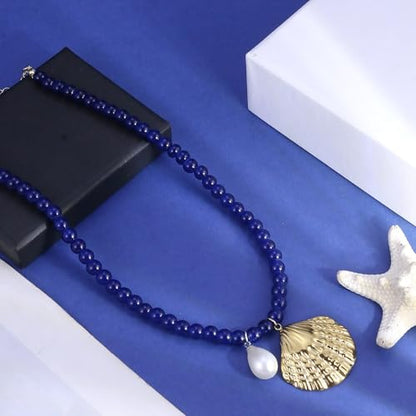 Fish Shell Necklace for Women, Beaded Necklaces Boho Statement Necklace, Pearl Necklaces Summer Beach Vacation Dress & Costume Jewelry - color: Royal Blue-shell