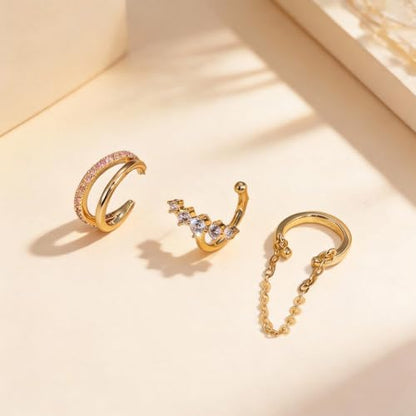 Ear Cuffs Non Piercing Ear Cuff for Women Clip on Huggie Hoop Earrings Gold Fake Earring Cuff with Chain Clips Minimalist Jewelry - color: B3:4pcs gold