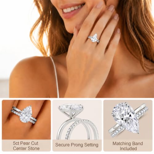 5CT Elongated Pear Shaped Cut Engagement Ring Set for Women, Wedding Promise Cubic Zirconia Band, 14K Gold/White Gold Plated Stackable Bridal Eternity Rings, Size 5-9 - color: Silver