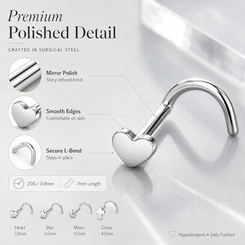 20G Nose Rings for Women, L Shaped Nostril Piercing Studs | 316L Stainless Steel, 0.8 mm×7 mm, 2 mm CZ or 3-4 mm Heart, Star, Moon and Cross, Gold-Tone or Silver-tone, Daily Wear - style: Moonlight Silver