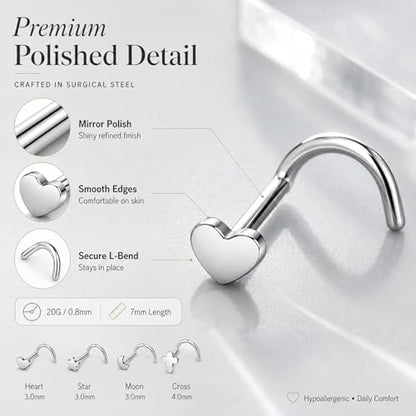 20G Nose Rings for Women, L Shaped Nostril Piercing Studs | 316L Stainless Steel, 0.8 mm×7 mm, 2 mm CZ or 3-4 mm Heart, Star, Moon and Cross, Gold-Tone or Silver-tone, Daily Wear - style: Silver Style A