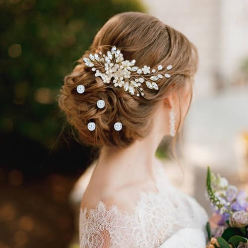 inSowni 17 Pieces Gold Metal Rhinestone Pearl Wedding Bridal Hair Side Comb Slides+U-shaped Flower Hair Pins+Pearl Twist Spiral Hairpins for Brides Bridesmaids Women Girls - color: Gold
