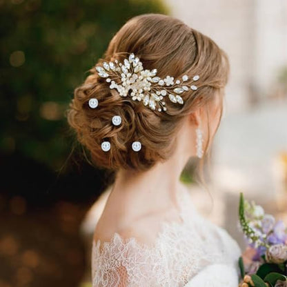 inSowni 17 Pieces Gold Metal Rhinestone Pearl Wedding Bridal Hair Side Comb Slides+U-shaped Flower Hair Pins+Pearl Twist Spiral Hairpins for Brides Bridesmaids Women Girls - color: Gold