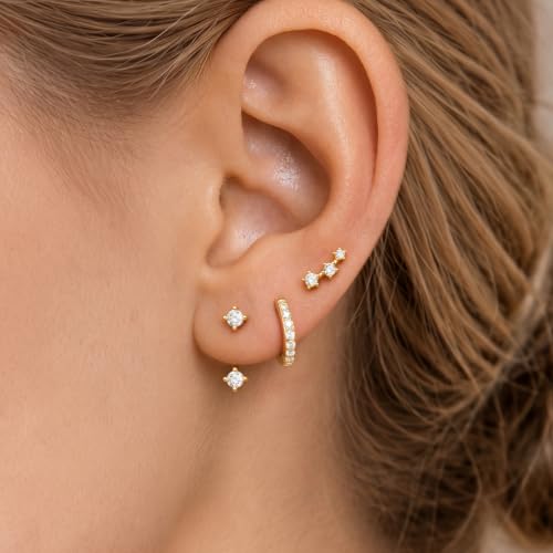 3 Pairs Dainty Small Earrings Set for Women Trendy, Birthstone Stud Huggie Hoop Jacket Stack for Cartilage Helix, Gold Plated Hypoallergenic Cute Women Fashion Accessories Western Jewelry Gifts - color: 04White - Apr