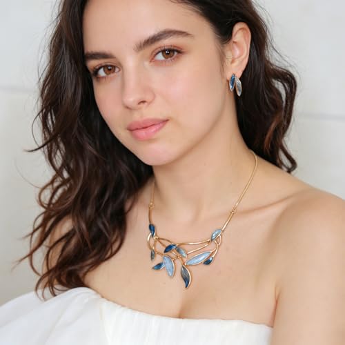Vintage Statement Jewelry Set - Chunky Flower Floral Plant Geometric Resin Bib Necklace Earring Set Bohemian Boho Crystal Rhinestone Fashion Jewelry for Women Bridal Party Prom Unique Gift - style: MLJS2610-Blue