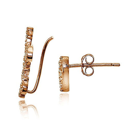 Hoops & Loops 925 Sterling Silver Cubic Zirconia Heart Stud & LOVE Climber Crawler Earrings Set for Women, 2 Pairs Silver, Yellow & Rose Gold - color: Rose Gold