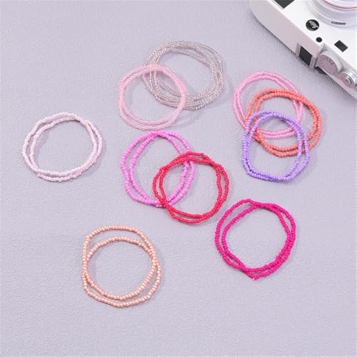 18Pcs Boho Stackable Beaded Bracelets for Women Colorful Handmade Multilayered Rice Beads Anklets Set Summer Beach Bohemian Jewelry Gift - color: Style 2 Pink