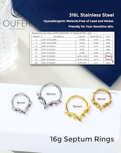 OUFER 16g Septum Rings, Blade Wings Septum Jewelry, V Shape Hinged Segment Clicker, Hypoallergenic Surgical Steel Nose Rings Hoops, Helix Daith Tragus Conch Piercing Jewelry for Women Men Silver/Gold - color: Gold