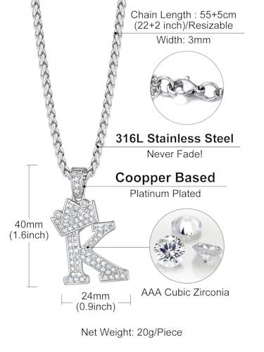 Richsteel Silver Crown Initial A-Z Letter Pendant Necklace for Men Women | Cubic Zirconia Monogram, 316L Steel Chain, 22" + 2" Extender,Hypoallergenic,Gift Box, Hip Hop Jewelry - style: K