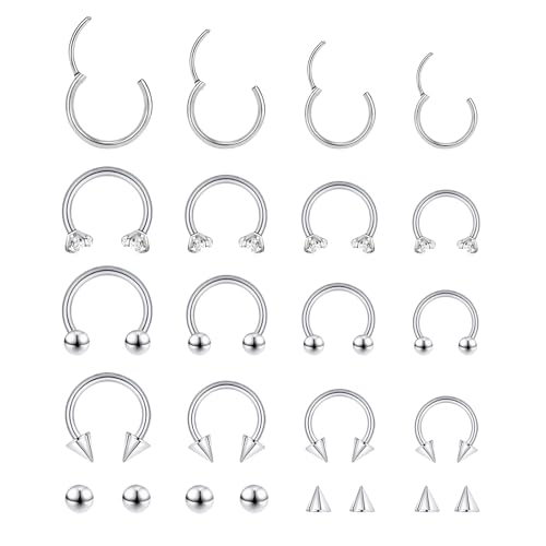 16G Hinged Clicker Segment Septum Rings Stainless Steel CZ Septum Jewelry Horseshoe Nose Lip Ring with Replacement Balls 3mm Cartilage Helix Tragus Earrings Daith Piercing Jewelry 6/8/10/12mm - style: 16S