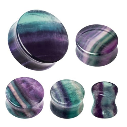 Pierced Owl Natural Rainbow Fluorite Stone Double Flared Plugs, Sold as a Pair - style: 16mm (5/8")