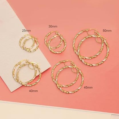 LeCalla Real 925 Sterling Silver Textured Two-Tone Three-Tone 14K Gold Plated Lightweight Italian Design Hoop Earrings for Women Diameter 25,30,40,45,50mm - color: Textured Medium-30mm