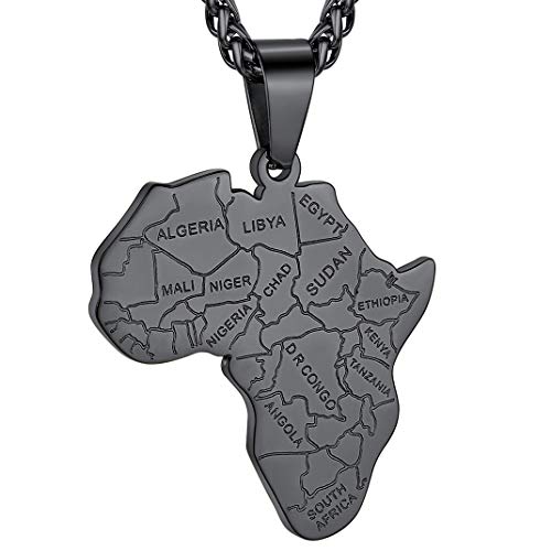 GOLDCHIC JEWELRY Africa Map Necklace for Men, Stainless Steel African Tribal/Egyptian Eye of Horus/I LOVE AFRICA/Elephant Map Hiphop Jewelry Unisex with 22'+2'Adjustable Chain - color: Africa Map - Black, style: No Customization