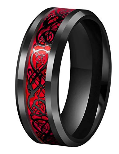 CROWNAL Black Dragon Men Black Tungsten Carbide Ring Wedding Band 6mm 8mm 10mm Red Carbon Fiber Black Celtic Dragon Inlay Engraved I Love You Size 7 to 17 - color: Black Dragon Red Carbon Fiber