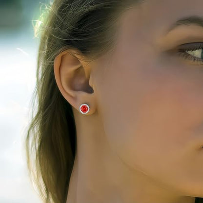 YOMELA Round Cubic Zirconia Stud Earrings for Women | Everyday Dainty, Diamond-Like Brilliance, CZ Halo Birthstone Studs, Hypoallergenic & Lightweight, Elegant & Versatile - color: Orange Red