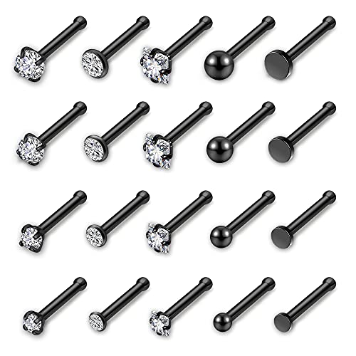 AllerPierce 20G 20Pcs Nose Studs Rings Stainless Steel CZ L Shape Bone Screw Stud Nose Piercing Jewelry for Women Men Hypoallergenic Nose Pin 1.5mm 2mm 2.5mm 3mm - color: Black - Straight