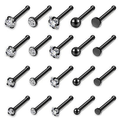 AllerPierce 20G 20Pcs Nose Studs Rings Stainless Steel CZ L Shape Bone Screw Stud Nose Piercing Jewelry for Women Men Hypoallergenic Nose Pin 1.5mm 2mm 2.5mm 3mm - color: Black - Straight