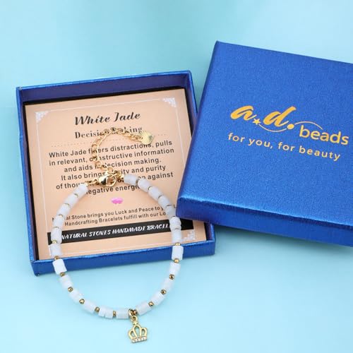 Natural Gemstone Healing Crystal Dainty Charms Bracelet Adjustable Chain Extender Minimalist Jewelry - color: White Jade + Crown