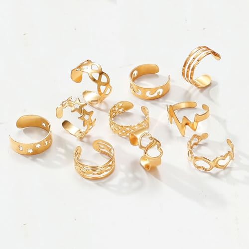 12PCS Toe Rings for Women 14K Gold/Silver Plated Adjustable Toe Ring Set Open Heart Arrow Infinity Rings Beach Foot Jewelry for Summer - color: Gold2