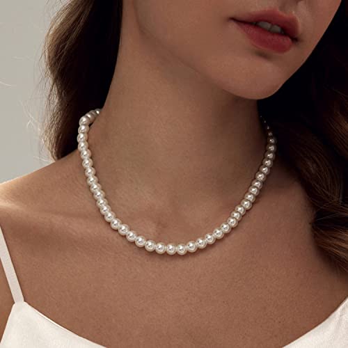Zeffy Pearl Necklace 8MM Dainty Round Imitation Pearl Choker Necklace Wedding Pearl Necklace Delicate Jewelry for Women Simple Bridesmaid Jewelry Gifts - style: Style1-8mm Silver Pearl Necklace（14"+2"）