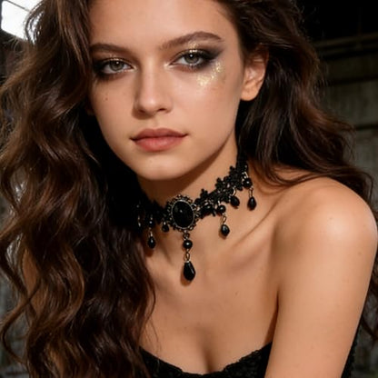 Black Choker for Women, Adjustable Layered Velvet Leather Lace Collar necklace, Goth necklace Gifts - color: Black Crystal