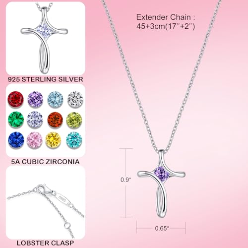 Cross Necklace for Women 925 Sterling Silver Birthstone Necklace for Women | Silver Necklaces with Diamond Sideways Birthstone Jewelry Gifts for Women 45+3cm Adjustable Chain - color: 02-Feb-Amethyst