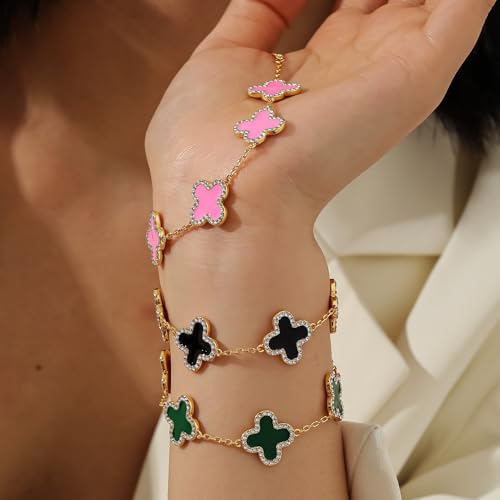 Qitian Clover Bracelet for Women 18K Gold Four Leaf Pink Lucky Link Clover Bracelets, Trendy Bracelets Set Jewelry Gifts for Women - color: I-Pink Set