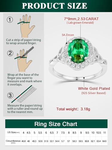 2-3 Carat Oval Engagement Ring 925 Silver Celtic Knot Birthstone Rings for Women Hypoallergenic Amehtyst/Aquamarine/Emerald/Ruby/Sapphire Cocktail Rings Jewelry Size 6-10 - color: B. Emerald