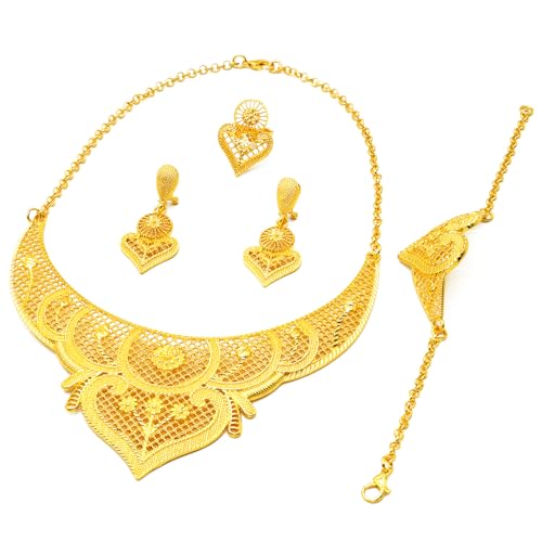 indian Women Jewelry Necklace Set african Dubai Bride Wedding Prom Fashion Jewelry 24K Gold Plated Necklace Bangles Rings Earrings - color: S-349