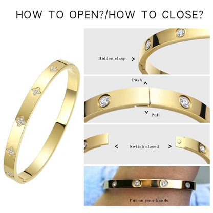 14K Gold Plated Four Leaf Clover Bangle Bracelet | Stainless Steel Lucky Love Cuff with Cubic Zirconia, Hypoallergenic Jewelry Gift for Women - color: Clover Gold-Medium