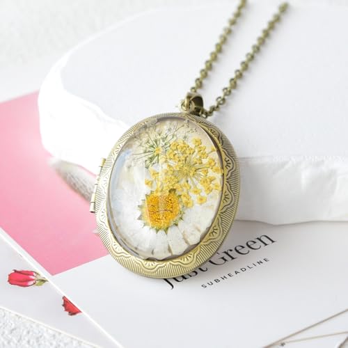 Vintage Photo Locket Necklace Handmade Pressed Flower Locket Necklace for Women - style: Shasta Daisy(1.53"x 1.85")