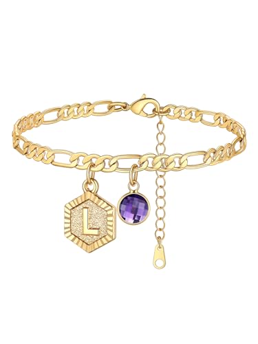 Custom4U Personalized Initial Ankle Bracelets for Women 14K Gold Plated Dainty CZ Birthstone Hexagon Letter Initial Anklets for Women Adjustable Silver/Gold Foot Chain Summer Beach Jewelry Gifts - color: Gold Hexagon-L