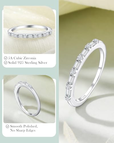925 Sterling Silver 1.5mm Thin Baguette Stackable Rings for Women | Created Ruby/Sapphire/Emerald/Cubic Zirconia,Dainty Wedding Band Birthday Anniversary Jewelry(with Gift Box) - color: 02-Cubic Zirconia