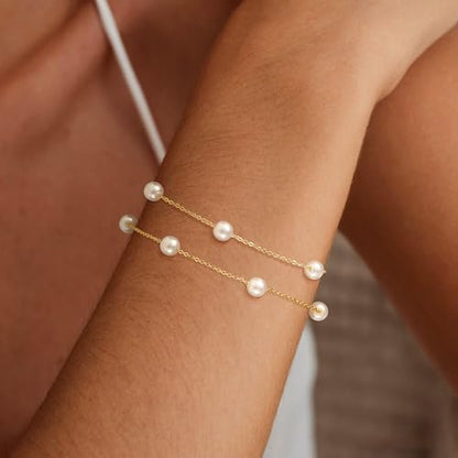 NECOCY 14K Gold Plated Pearl Bracelets for Women, Dainty Bracelets Stack Trendy Pearls Beaded Link Chain Charm Bracelets Set Layered Tiny Wedding Prom Jewelry Gift for Women Mother's Day Graduation - style: Style-2-Gold