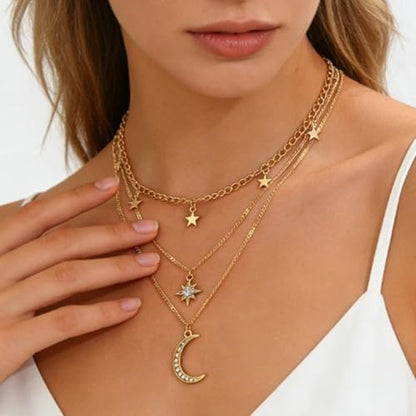 Layered Gold Necklaces for Women， 14K Gold Plated Stackable Star Moon Pendant Necklace for Women - color: gold