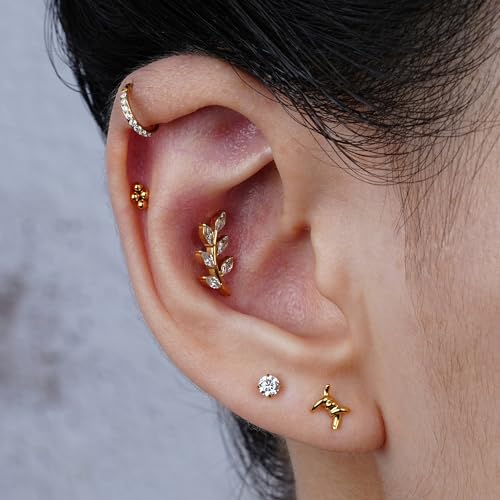 1PC ASTM F136 Titanium Mini Threadless Flat Back Stud 18G 6mm 8mm for Conch Helix Flat Tragus Labret - color: Diamond Cluster - Gold