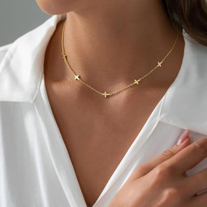 Cross Necklace for Women Dainty Small Cross Pendant Choker 14K Gold Plated Simple Trendy Cute Cross Charm Chain Necklace Easter Baptism Religious Faith Jewelry Gift - color: Five Cross-GD