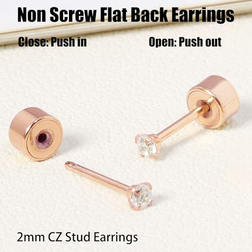Threadless Flat Back Earrings, Hypoallergenic 14K Real Gold Plated CZ Stud Earrings | Cartilage Earring | Tragus Helix Piercing Jewelry | Push in Flatback Earrings for Women Men - color: Rose Gold, size: 2 Millimeters