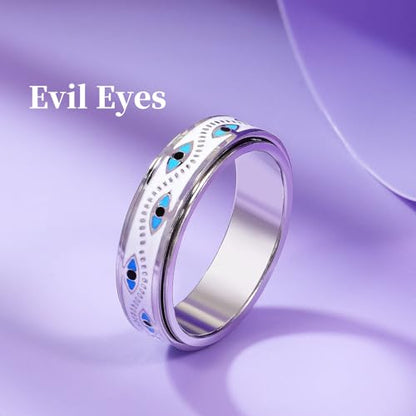 Evil Eye Fidget Ring for Women - Anxiety Relief Spinner Jewelry,18K Gold Plated Stainless Steel Turkish Ojo Turco Protection Rings Gift for Adults - color: Silver
