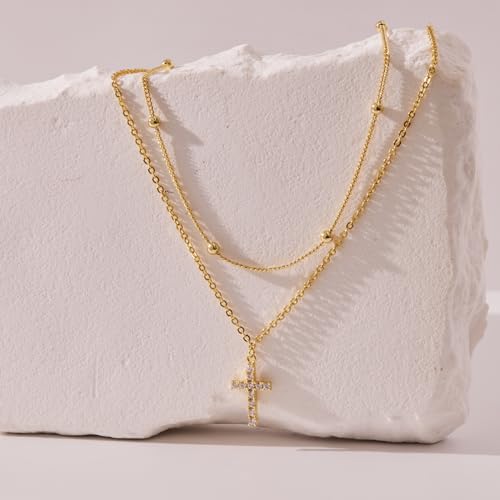 Poxtex Cross Necklace for Women Teen Girls, Dainty 14K Gold Silver Plated Cross Choker Jewelry Non Tarnish Waterproof Cute Simple Small Necklace Christian Baptism Religious Faith Jewelry Gifts - color: 07 Stack Cross Necklace - Gold