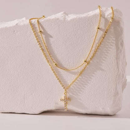 Poxtex Cross Necklace for Women Teen Girls, Dainty 14K Gold Silver Plated Cross Choker Jewelry Non Tarnish Waterproof Cute Simple Small Necklace Christian Baptism Religious Faith Jewelry Gifts - color: 07 Stack Cross Necklace - Gold