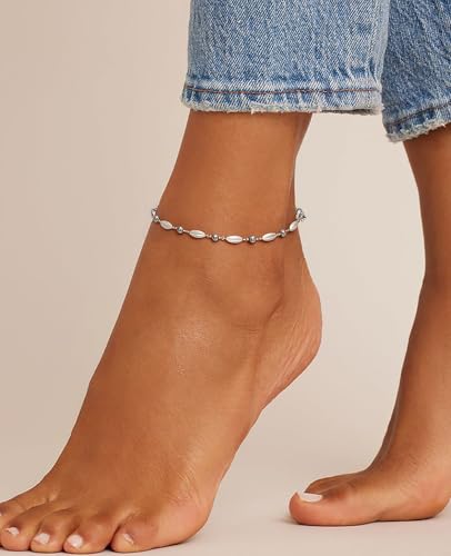 Waterproof Ankle Bracelets for Women Gold Anklets Non Tarnish Pearl/Figaro/Cuban/Snake Chain Anklet Adjustable Anklets for Womens Summer Beach Anklet Foot Jewelry for Women Gift - color: Pearls with Balls-Silver