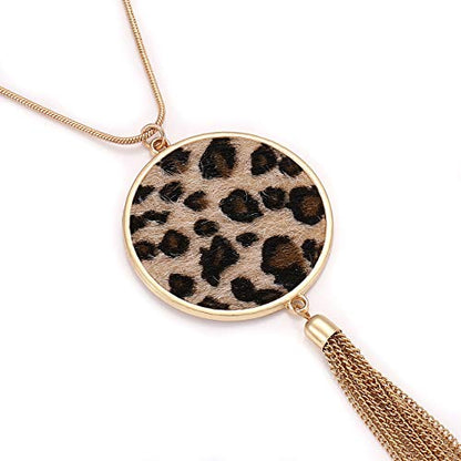 MOLOCH Long Necklaces For Woman Disk Circle Pendant Necklaces Tassel Fringe Necklace Set Statement Pendant - color: light leopard