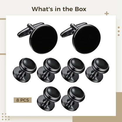 8 Pcs Men's Cufflinks Set, Black Round Cufflinks and Studs for Tuxedo, Smooth Finish Copper, Refined Modern Style for Formal Occasions