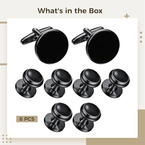 8 Pcs Cufflinks and Studs Set for Men, Black Round Tuxedo Set, Smooth Finish, Quality Copper, Elegant Modern Design for Formal Occasions