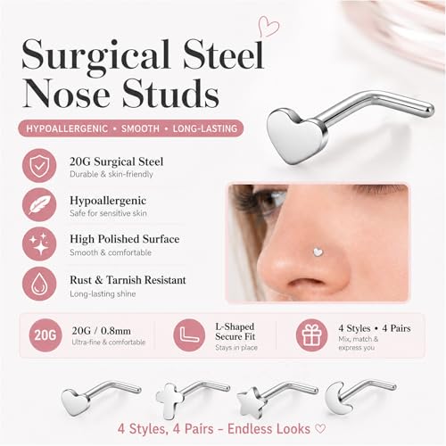 20G Nose Rings for Women, L Shaped Nostril Piercing Studs | 316L Stainless Steel, 0.8 mm×7 mm, 2 mm CZ or 3-4 mm Heart, Star, Moon and Cross, Gold-Tone or Silver-tone, Daily Wear - style: Silver Style B