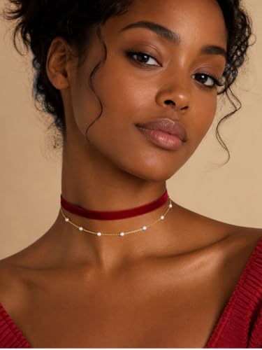 Red Velvet Choker for Women Layered Peal Pendant Choker Necklace Adjustable Gothic Tattoo Ribbon Chokers Classic Collar Necklaces for Women - color: Red
